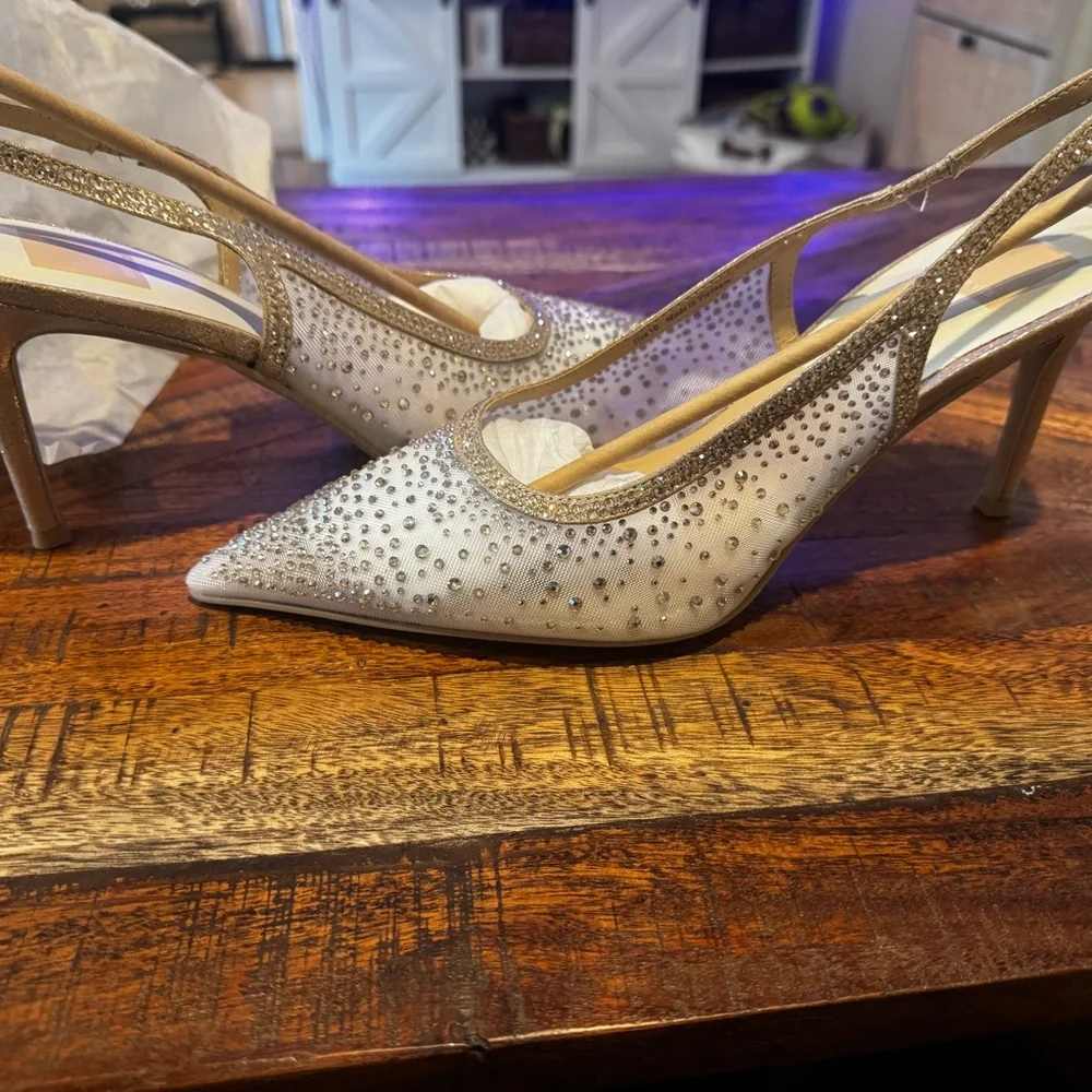 Dolce Vita White and Gold Crystal Embellished Slingback Heels